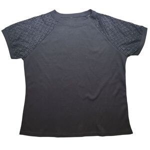 Black Waffle Knit Short Sleeve Top Crochet Lace Sleeves Women’s XL